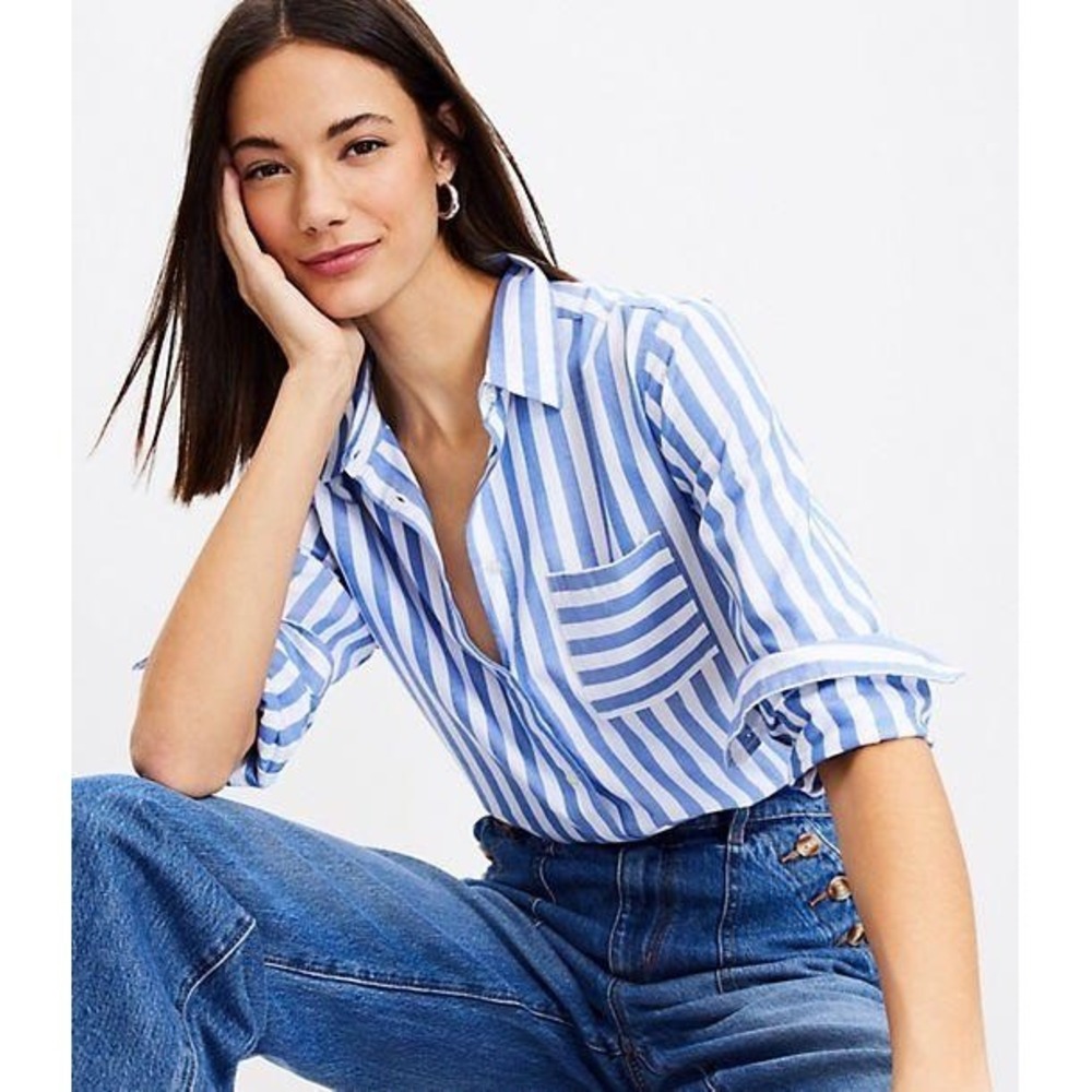 Loft Button Down Shirt L Blue White Striped Cotton Hamptons Classic Nautical